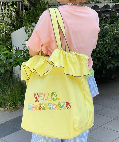 HELLO.SANFRANCISCO 荷葉邊刺繡大號托特包
