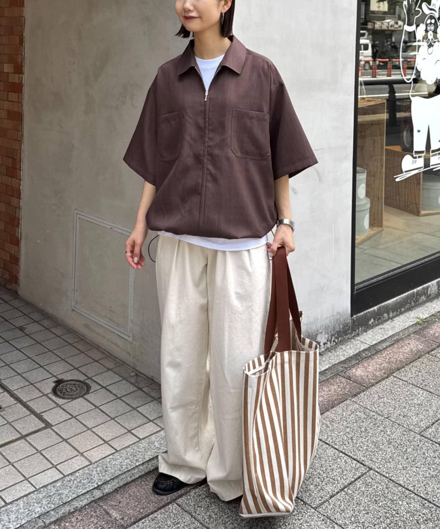 全開拉鍊短袖襯衫