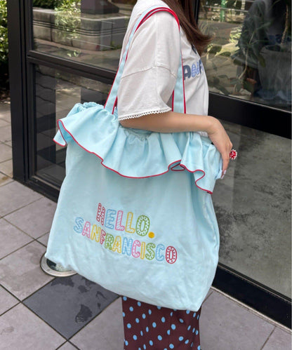 HELLO.SANFRANCISCO 荷葉邊刺繡 大號托特包