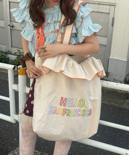 HELLO.SANFRANCISCO 荷葉邊刺繡 大號托特包
