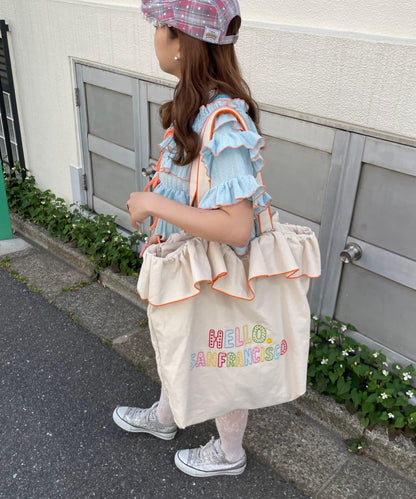 HELLO.SANFRANCISCO 荷葉邊刺繡 大號托特包