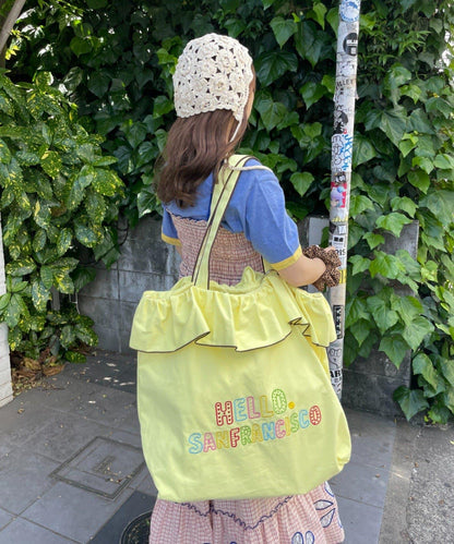 HELLO.SANFRANCISCO 荷葉邊刺繡 大號托特包