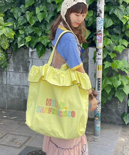 HELLO.SANFRANCISCO 荷葉邊刺繡 大號托特包