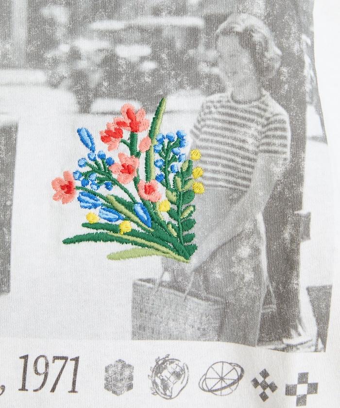 攝影圖案花刺繡圓領T恤