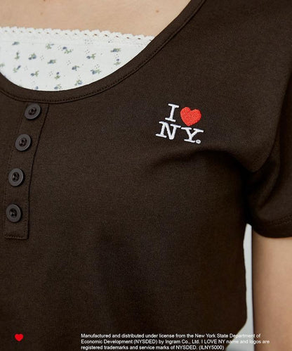I LOVE NY 花卉圖案 拼接層疊風格 亨利領 T恤
