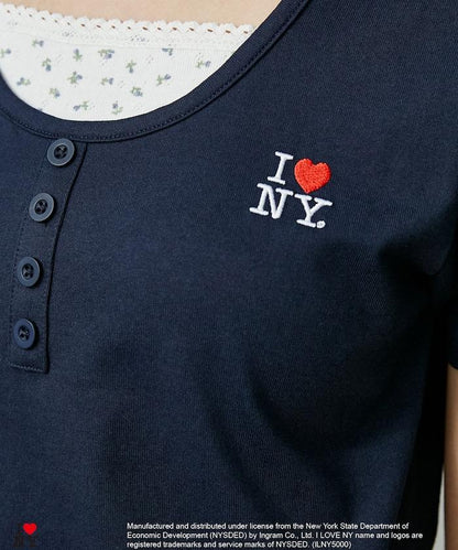 I LOVE NY 花卉圖案 拼接層疊風格 亨利領 T恤