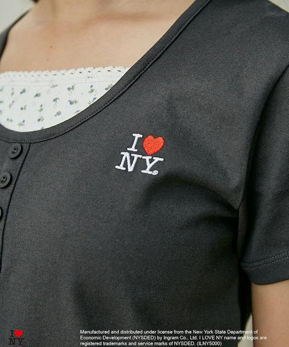 I LOVE NY 花卉圖案 拼接層疊風格 亨利領 T恤