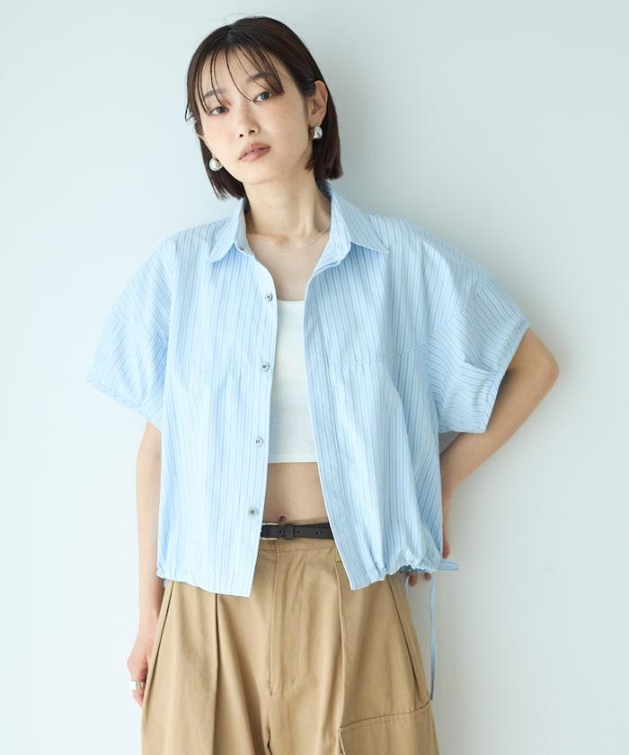 短袖拼接 下襬抽繩 襯衫