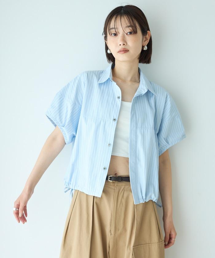 短袖拼接 下襬抽繩 襯衫