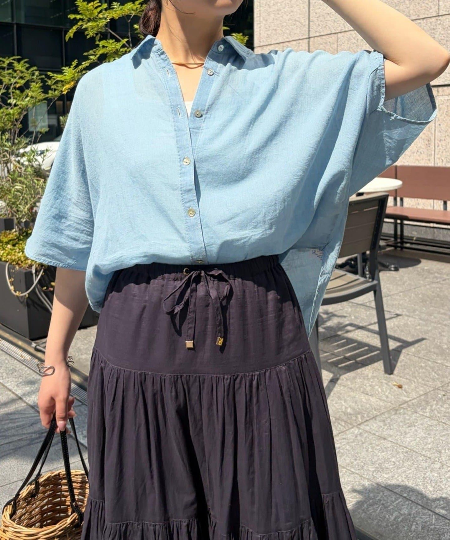 透感牛仔 蝙蝠袖 襯衫