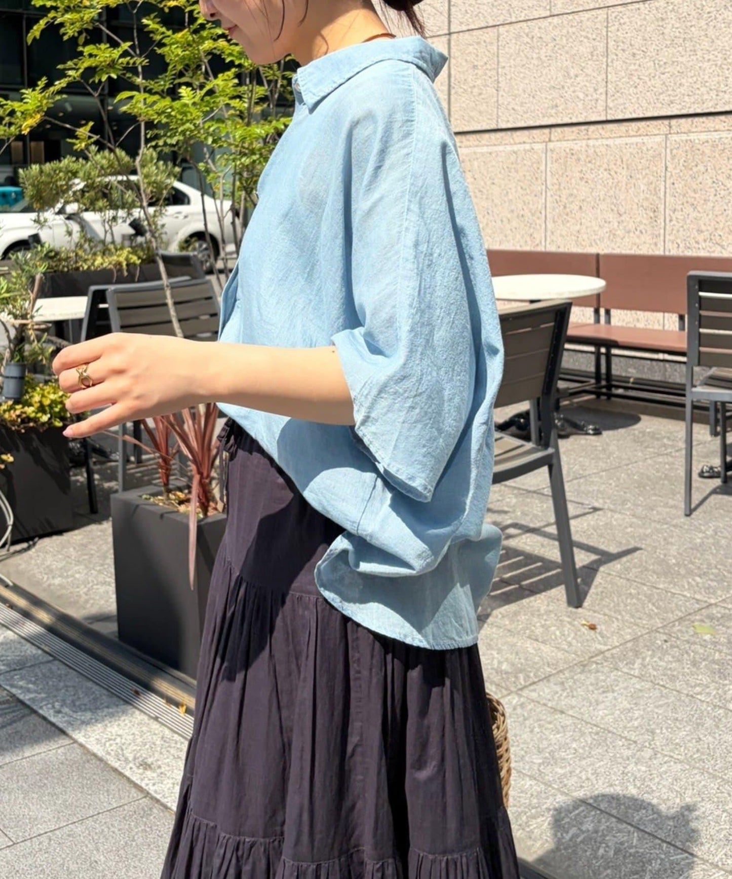 透感牛仔 蝙蝠袖 襯衫