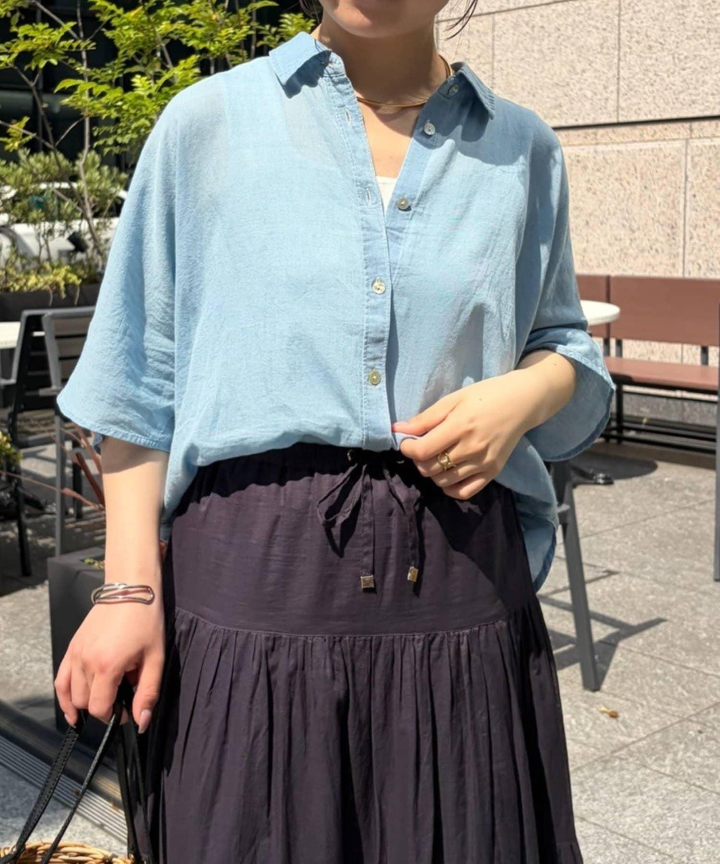 透感牛仔 蝙蝠袖 襯衫