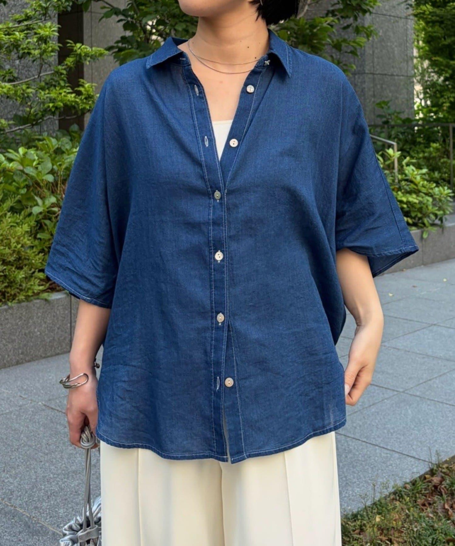 透感牛仔 蝙蝠袖 襯衫