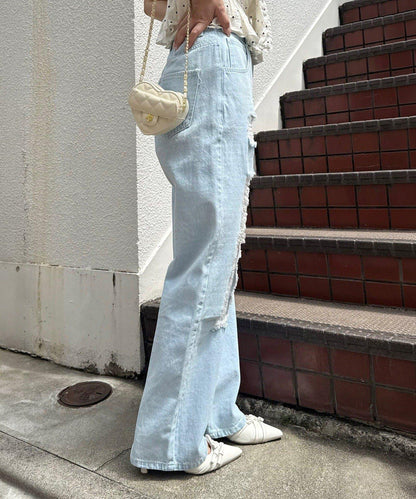 做舊蕾絲直筒牛仔褲