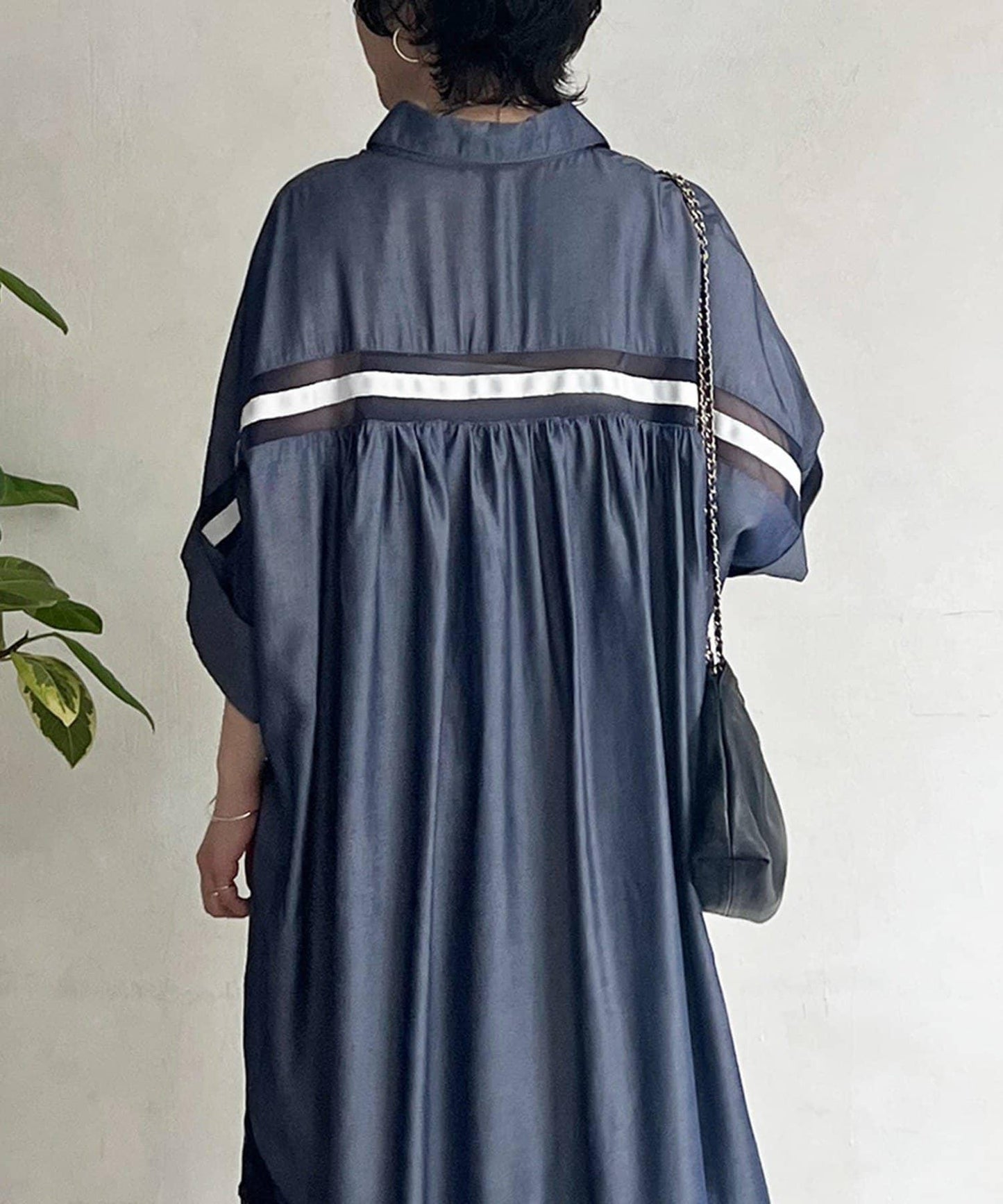 後背織帶短袖襯衫連衣裙
