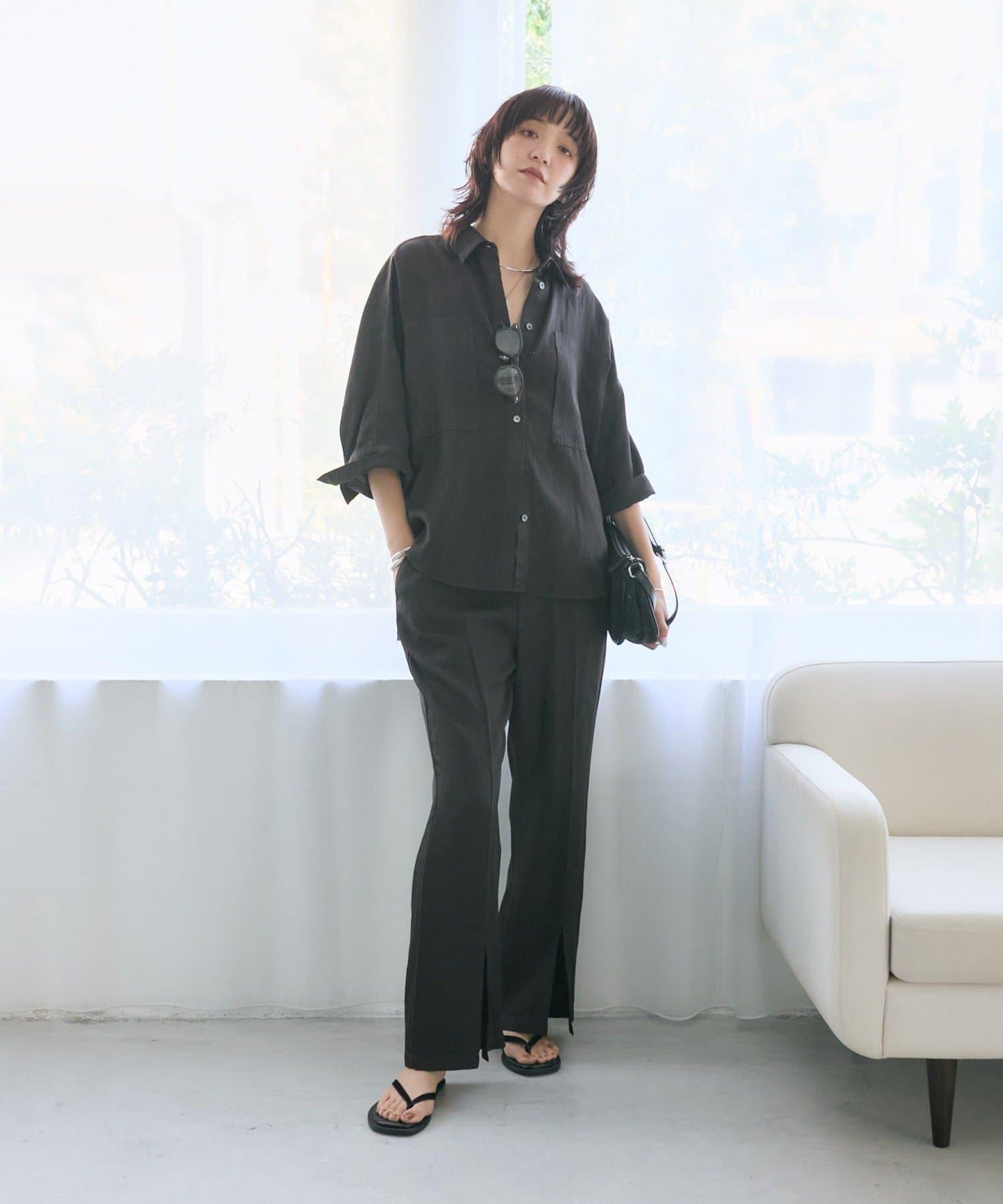 可成套搭配可手洗 開叉設計 成衣染色麻混 褲子