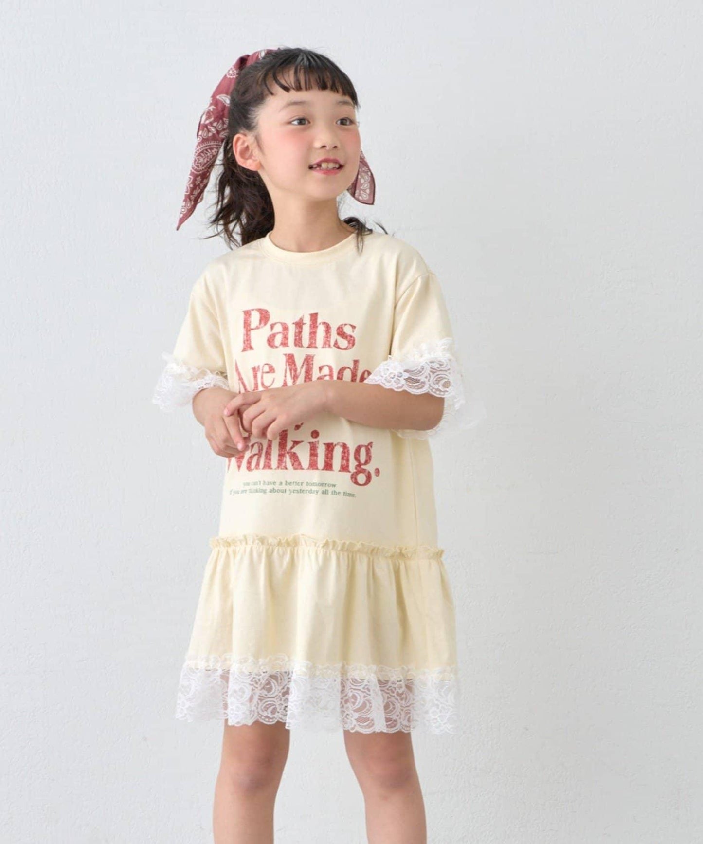 做舊字母圖案 蕾絲疊穿設計 迷你連衣裙（KIDS）