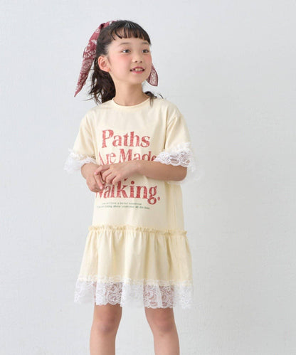 做舊字母圖案 蕾絲疊穿設計 迷你連衣裙（KIDS）