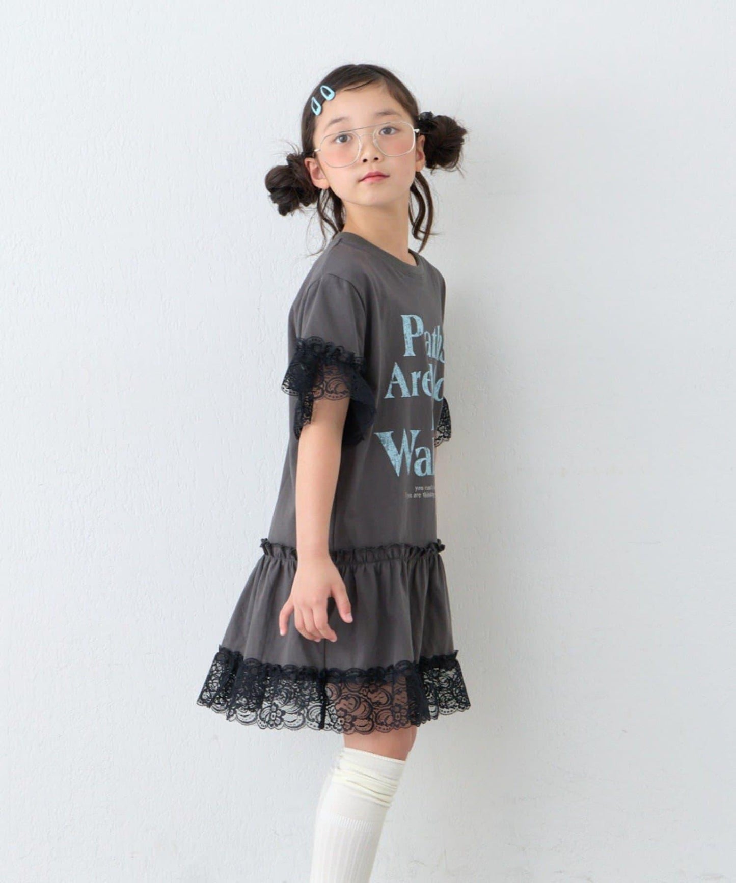 做舊字母圖案 蕾絲疊穿設計 迷你連衣裙（KIDS）
