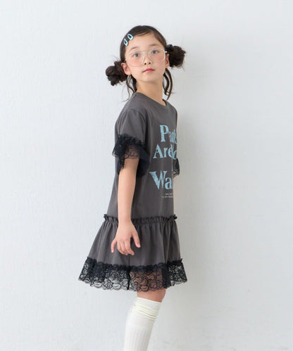 做舊字母圖案 蕾絲疊穿設計 迷你連衣裙（KIDS）