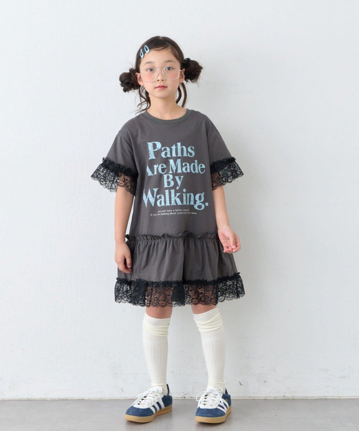做舊字母圖案 蕾絲疊穿設計 迷你連衣裙（KIDS）