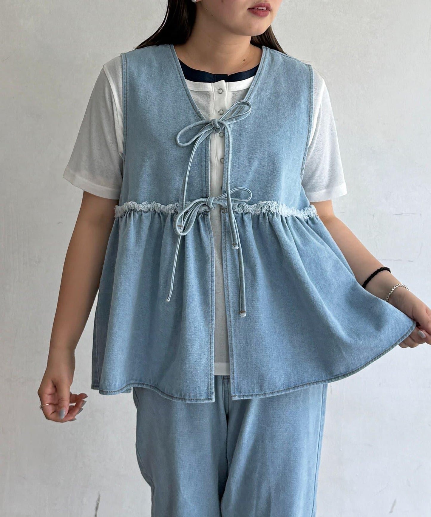 牛仔束胸上衣喇叭廓形套裝