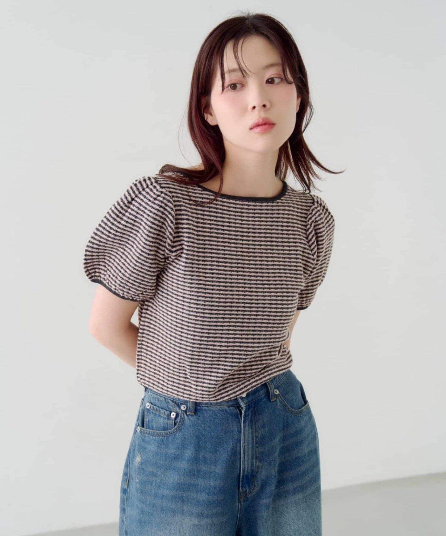 條紋泡泡袖短袖針織上衣