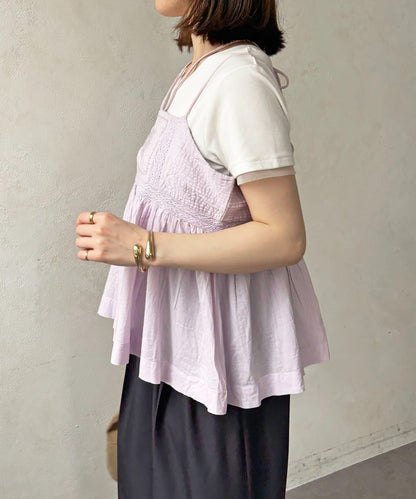 打褶刺繡蕾絲吊帶背心