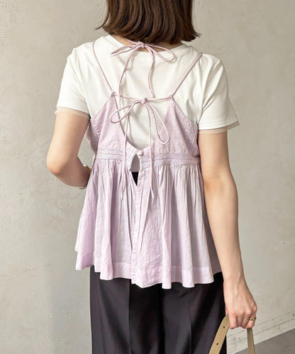 打褶刺繡蕾絲吊帶背心