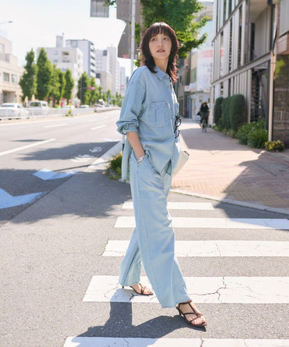 A・MONN 鬆緊腰 淺色闊腿 牛仔褲