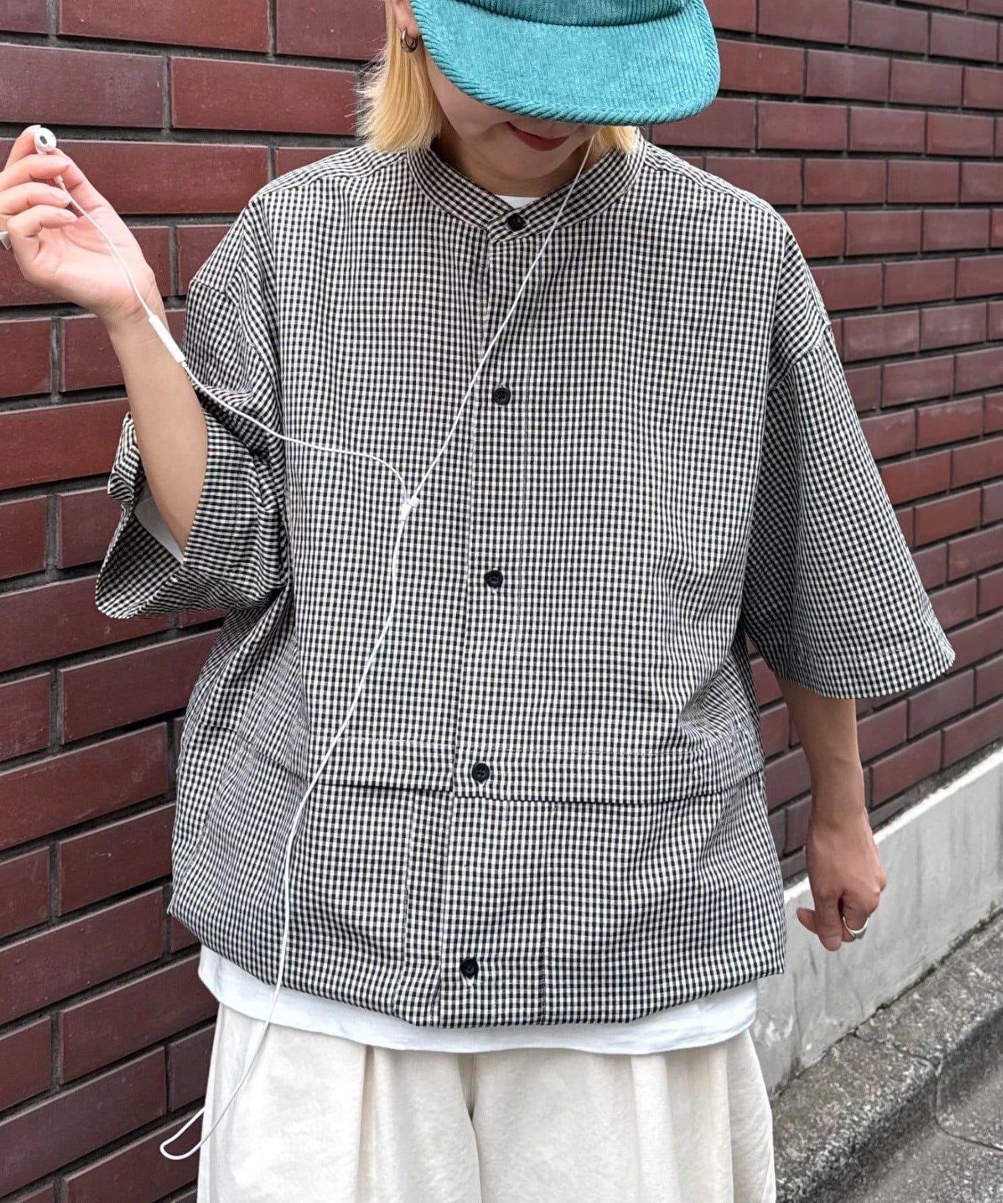無領大口袋格紋襯衫