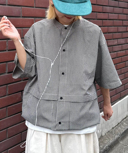 無領大口袋格紋襯衫