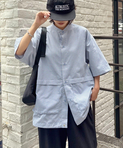 無領大口袋格紋襯衫