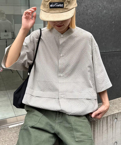 無領大口袋格紋襯衫