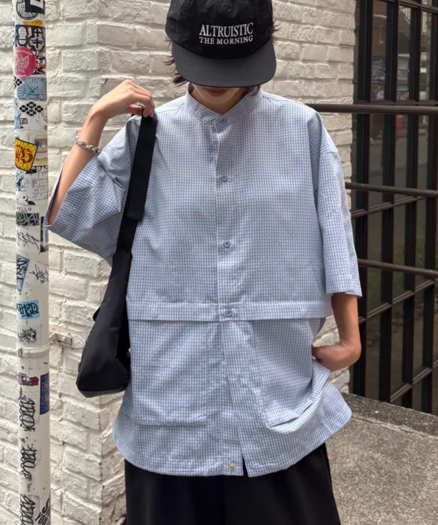 無領大口袋格紋襯衫