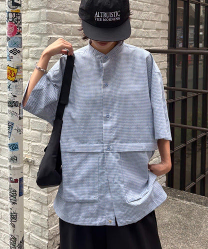 無領大口袋格紋襯衫