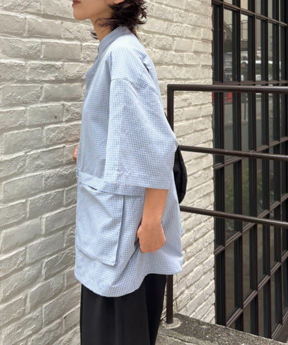 無領大口袋格紋襯衫