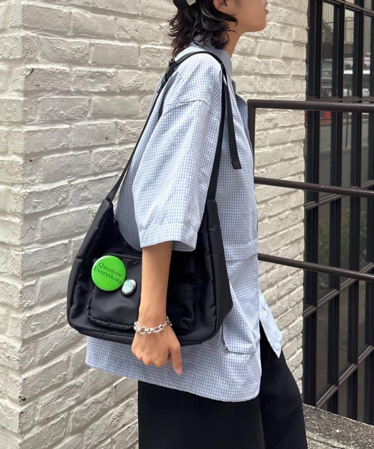 無領大口袋格紋襯衫