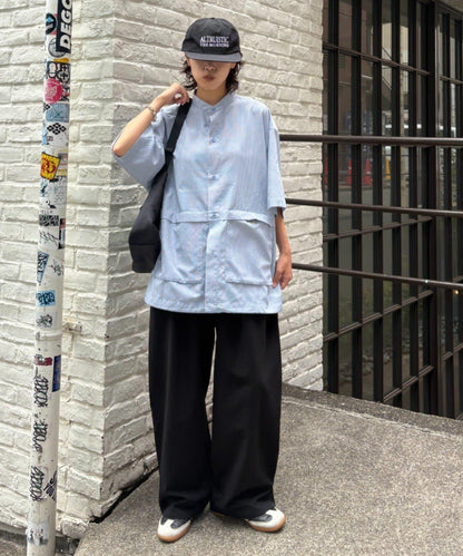 無領大口袋格紋襯衫