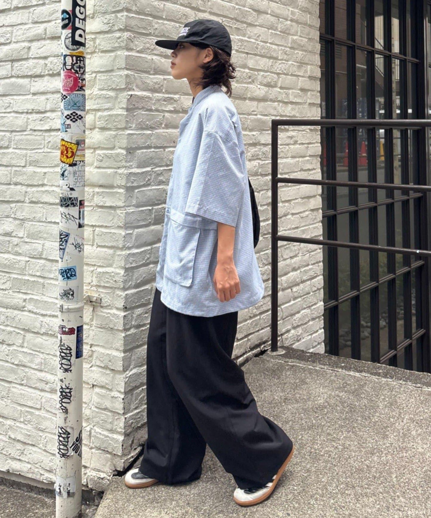 無領大口袋格紋襯衫