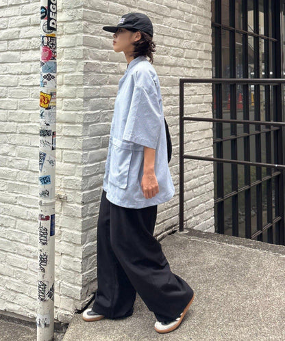 無領大口袋格紋襯衫