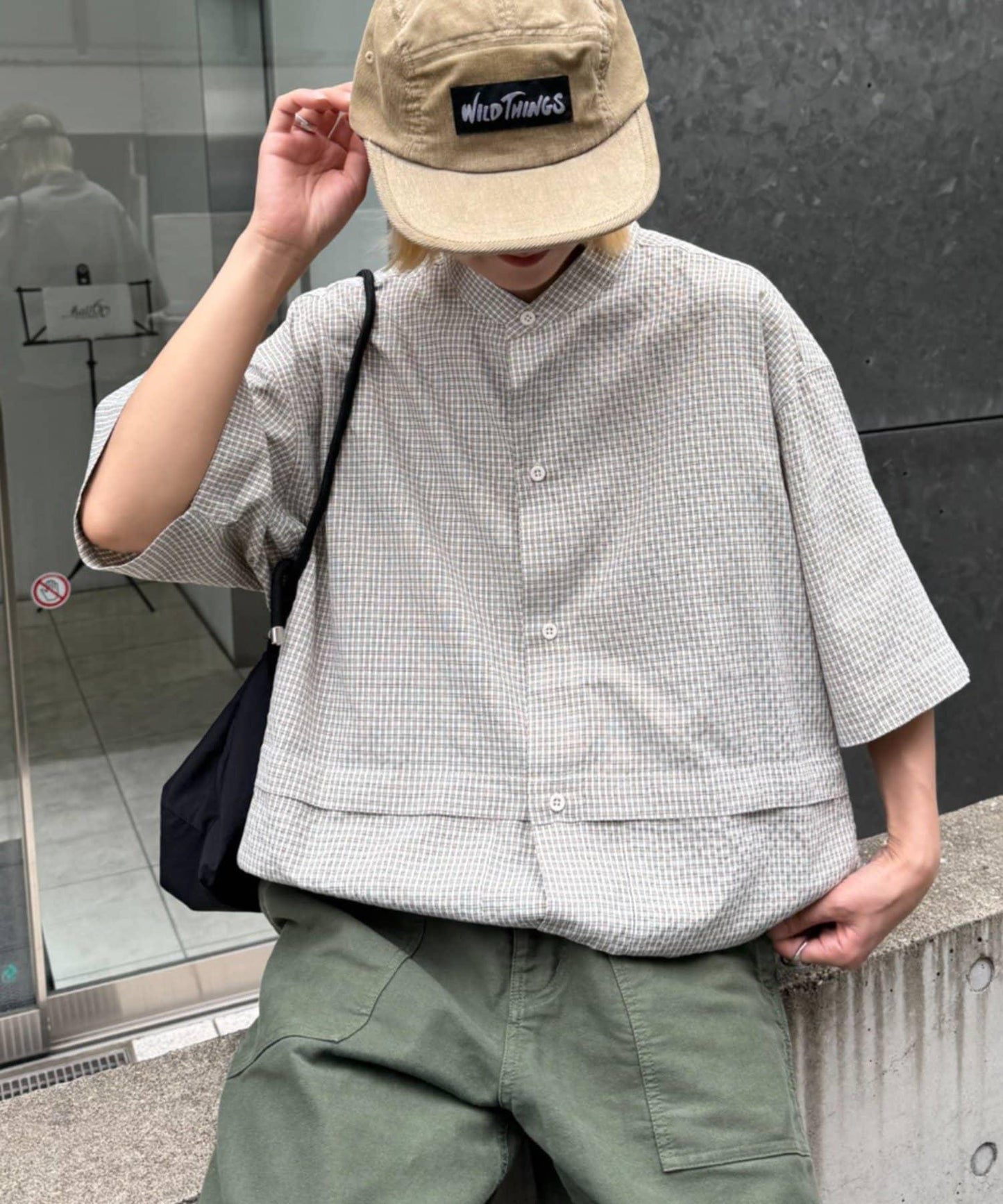 無領大口袋格紋襯衫