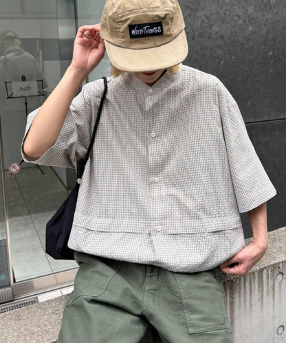 無領大口袋格紋襯衫