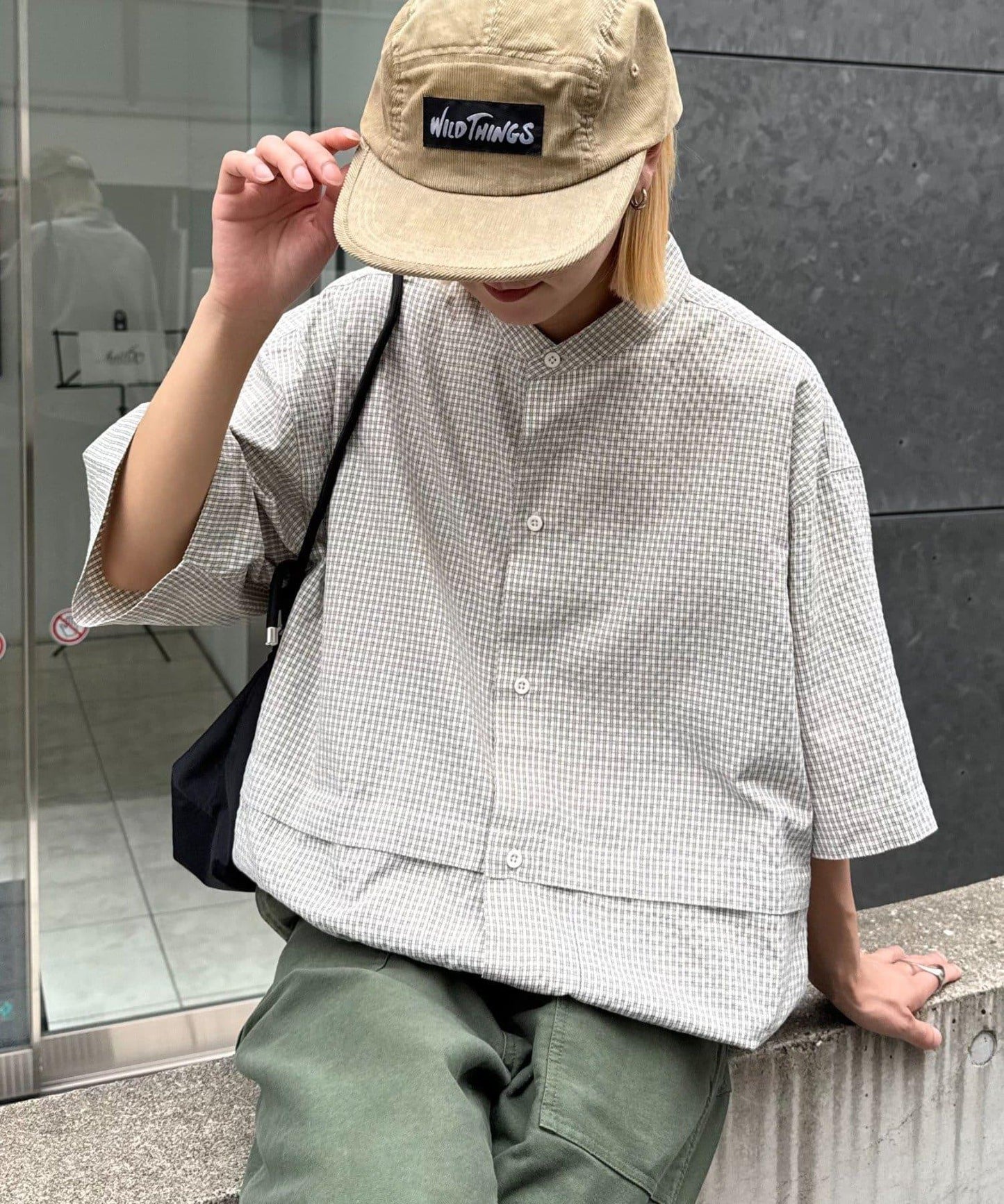 無領大口袋格紋襯衫
