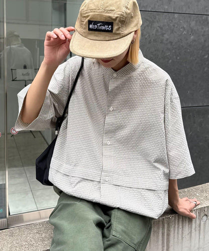 無領大口袋格紋襯衫