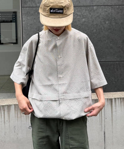 無領大口袋格紋襯衫