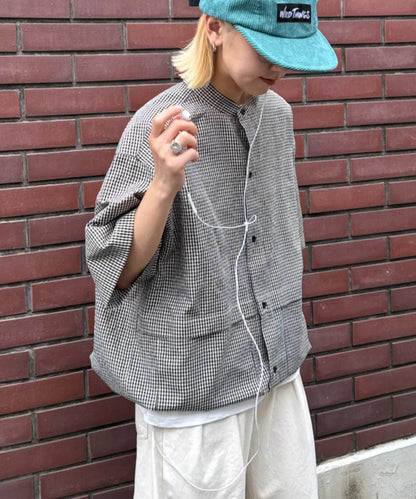 無領大口袋格紋襯衫