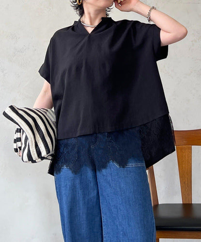 麻質感下襬蕾絲襯衫