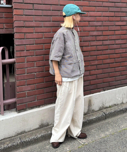 無領大口袋格紋襯衫