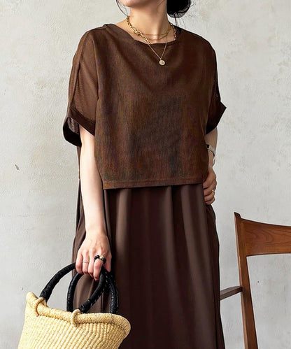 網眼套頭疊搭設計 肩褶 拼接連衣裙
